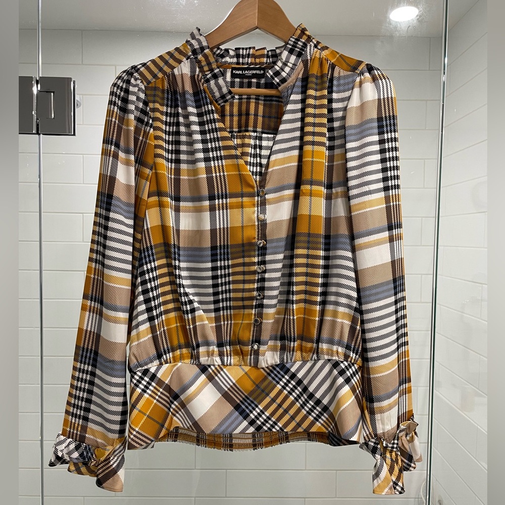 Karl Lagerfeld Yellow and Black Plaid Blouse
